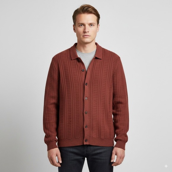 Marine Layer Mens Arthur Button Down Sweater XL Rust Brown Merino Wool Blend NEW